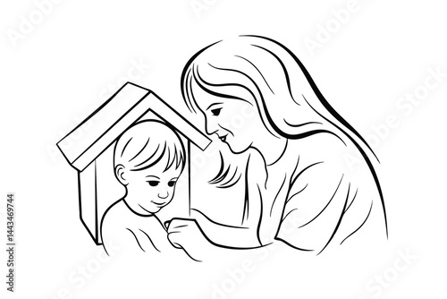 Line art illustration of mother playing with child in cardboard house indoors