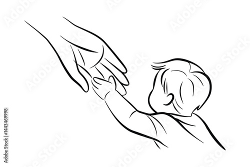 Baby reaching for parents hand monochrome vector illustration represents love and care