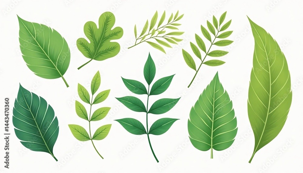 Leafy Harmony: A collection of varied, meticulously rendered leaves, displaying an assortment of shapes, colors, and textures, creating a rich tapestry of botanical elements. Leafy Harmony: A collection of varied, meticulously rendered leaves, displaying an assortment of shapes, colors, and textures, creating a rich tapestry of botanical elements.