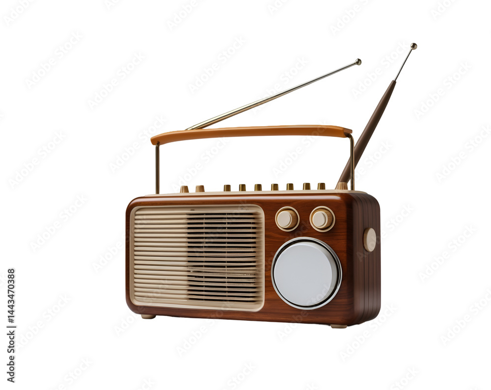 Obraz premium Nostalgic Tunes, Vintage Radio with Antenna Captures the Essence of a Bygone Era, Evoking Memories of Simpler Times and Timeless Melodies on Isolated Plain