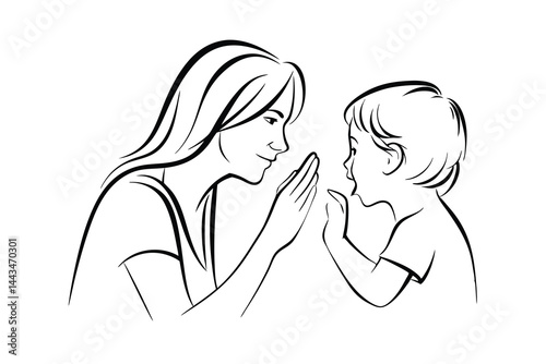 Mother and child interaction outlined sketch style mom telling secret to kid