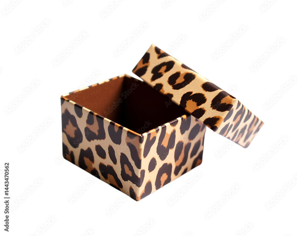 Open Luxurious Gift Box Adorned with Bold Leopard Print, Perfect for Elegant Presents, Fashion Accessories, and Stylish Packaging, Set Against a Neutral Setting Open Luxurious Gift Box Adorned with Bold Leopard Print, Perfect for Elegant Presents, Fashion Accessories, and Stylish Packaging, Set Against a Neutral Setting
