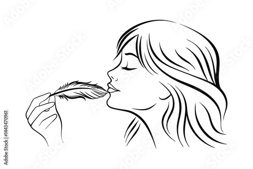 Minimalist line art of a woman with a feather softness and sensitivity