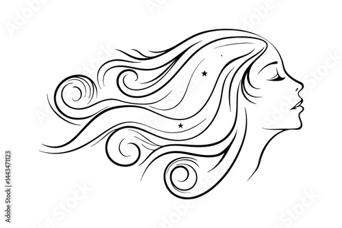 Elegant woman profile with flowing hair black and white illustration