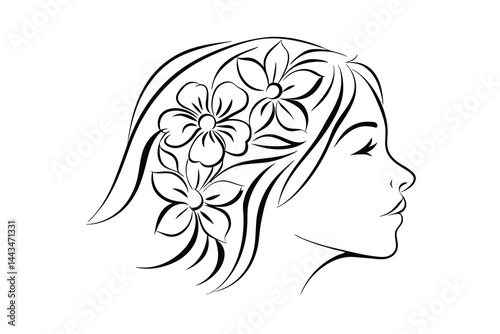 Elegant woman profile with floral hair decoration line art illustration