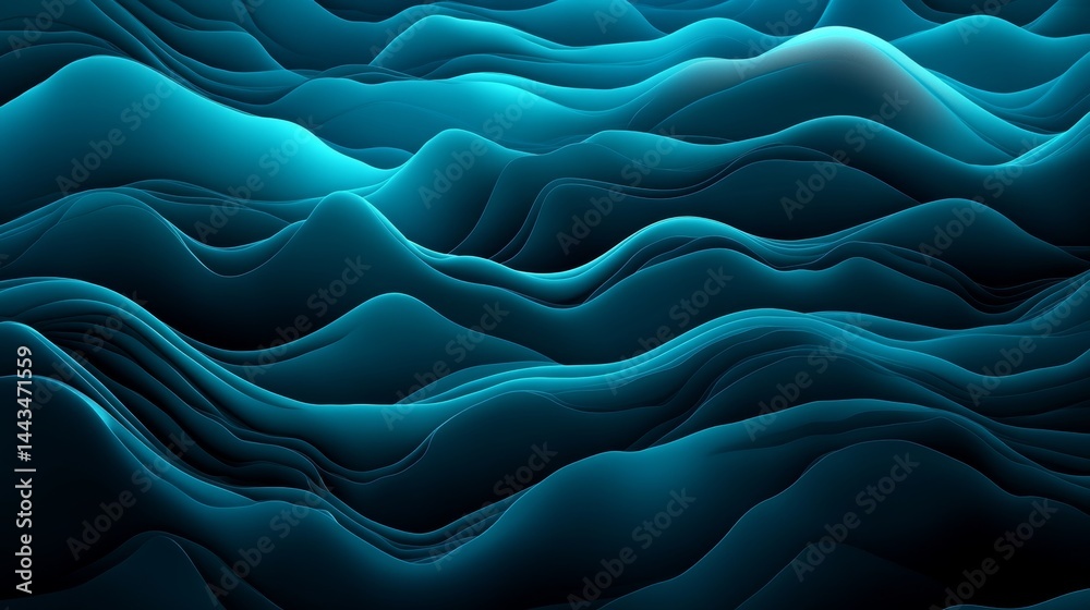 Obraz premium An abstract background featuring a dark, gradient ombre blend of black, navy, and cobalt blue, with granular noise grain and wavy, diagonal lines, is accentuated by bright, neon, electric, metallic