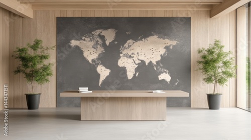 Modern reception desk with world map.  A light, minimalist reception area with a large world map adorning a gray wall. The desk is made of light wood, complementing the light wooden beams and walls.