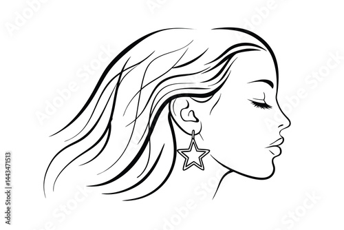 Elegant woman profile with star earring minimalist black and white line art
