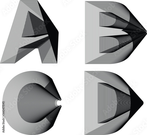 Geometric Illusion Typography: Letters A to D