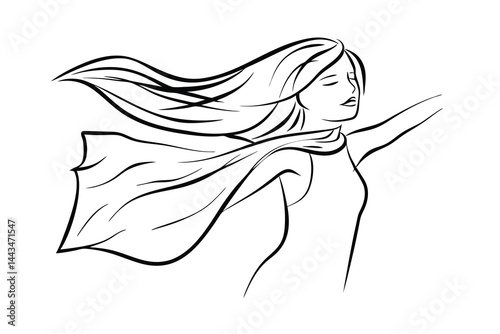 Elegant woman silhouette with flowing hair and scarf black and white illustration