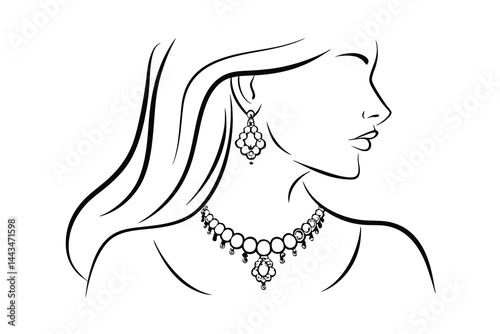 Elegant woman line art with necklace and earring jewelry design