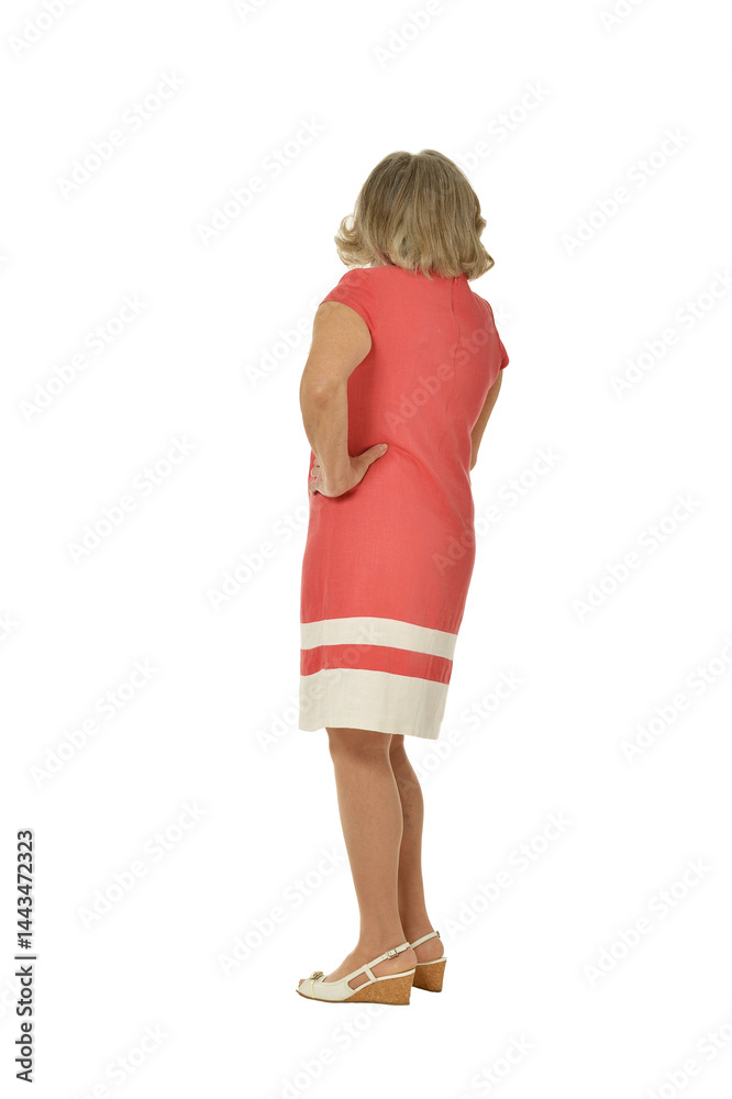 senior woman pointing with finger isolated on white background