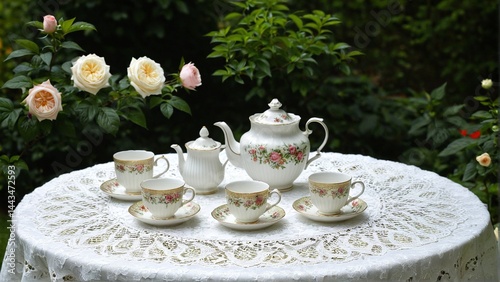 An elegant tea setting featuring a floral tea set on a lace tablecloth, surrounded by blooming roses in a lush garden.