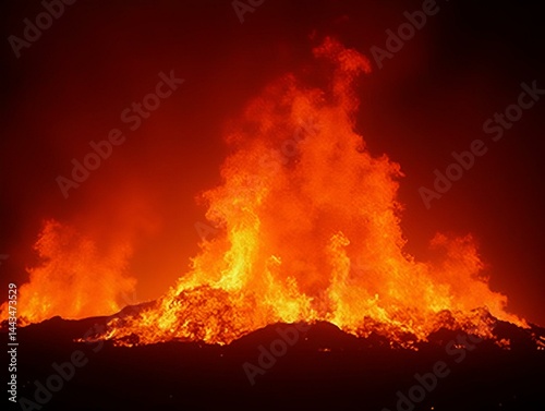 Fiery inferno, raging flames, night background, dramatic destruction
