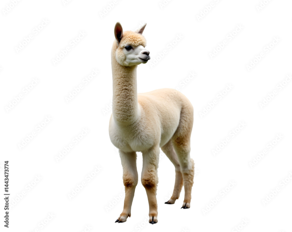 Fototapeta premium Portrait of an Alert Alpaca, A Majestic Creature Standing Tall with Ears Perked, Showcasing its Distinctive Charm and Elegance Against a Plain Backdrop