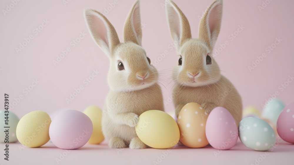Obraz premium Cute easter bunnies and colorful eggs with light pink background. Easter, bunny, egg.