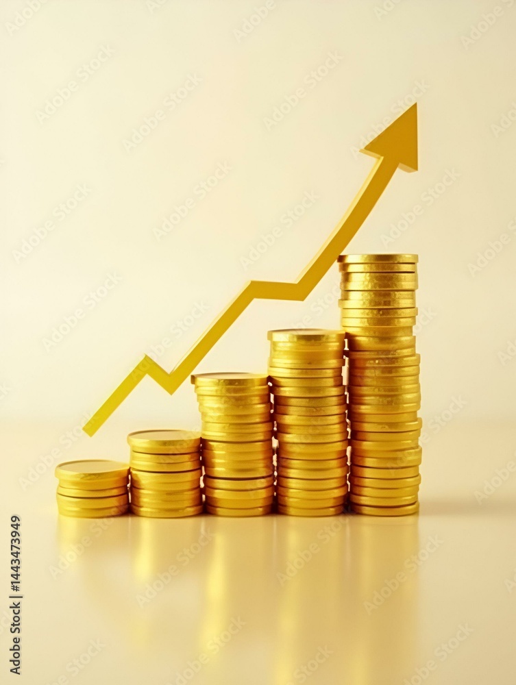 Golden coin stacks with a reflective surface and rising arrow, visualizing financial progress, wealth building, and investment gains. Golden coin stacks with a reflective surface and rising arrow, visualizing financial progress, wealth building, and investment gains.
