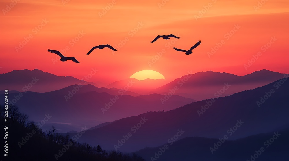 Fototapeta premium Sky sunset birds mountains high resolution hd background