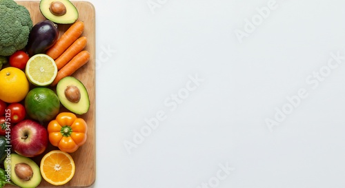 Colorful assortment of fresh fruits and vegetables on a cutting board  