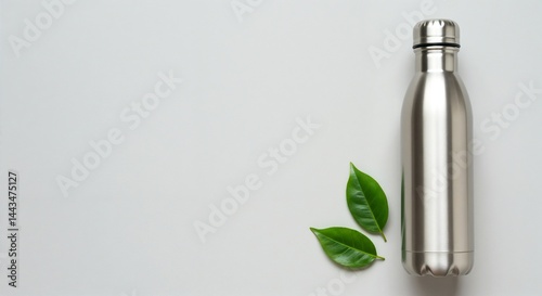 Stainless Steel Water Bottle with Green Leaves on Light Background  