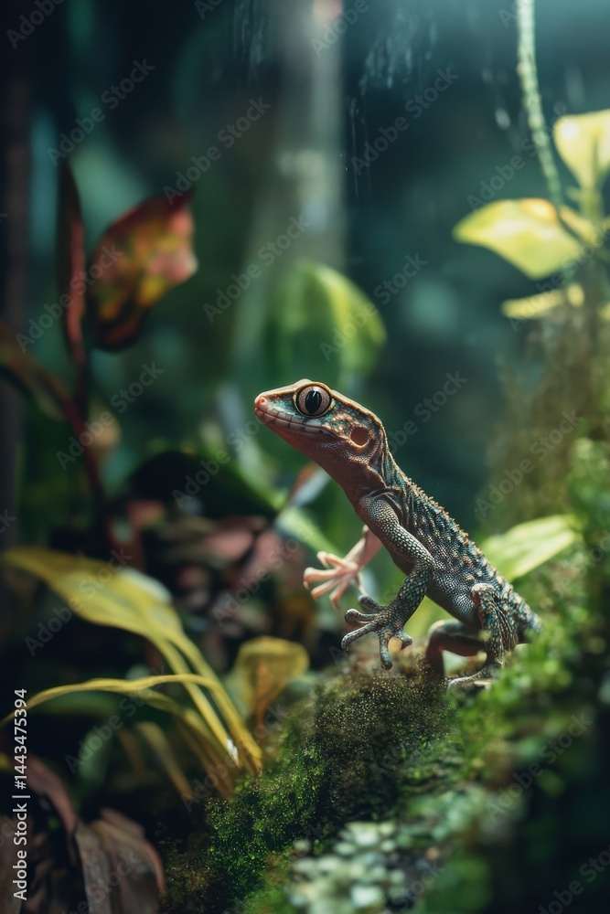 Obraz premium A vibrant lizard perched among lush foliage, showcasing its unique colors and texture in a serene, natural setting.