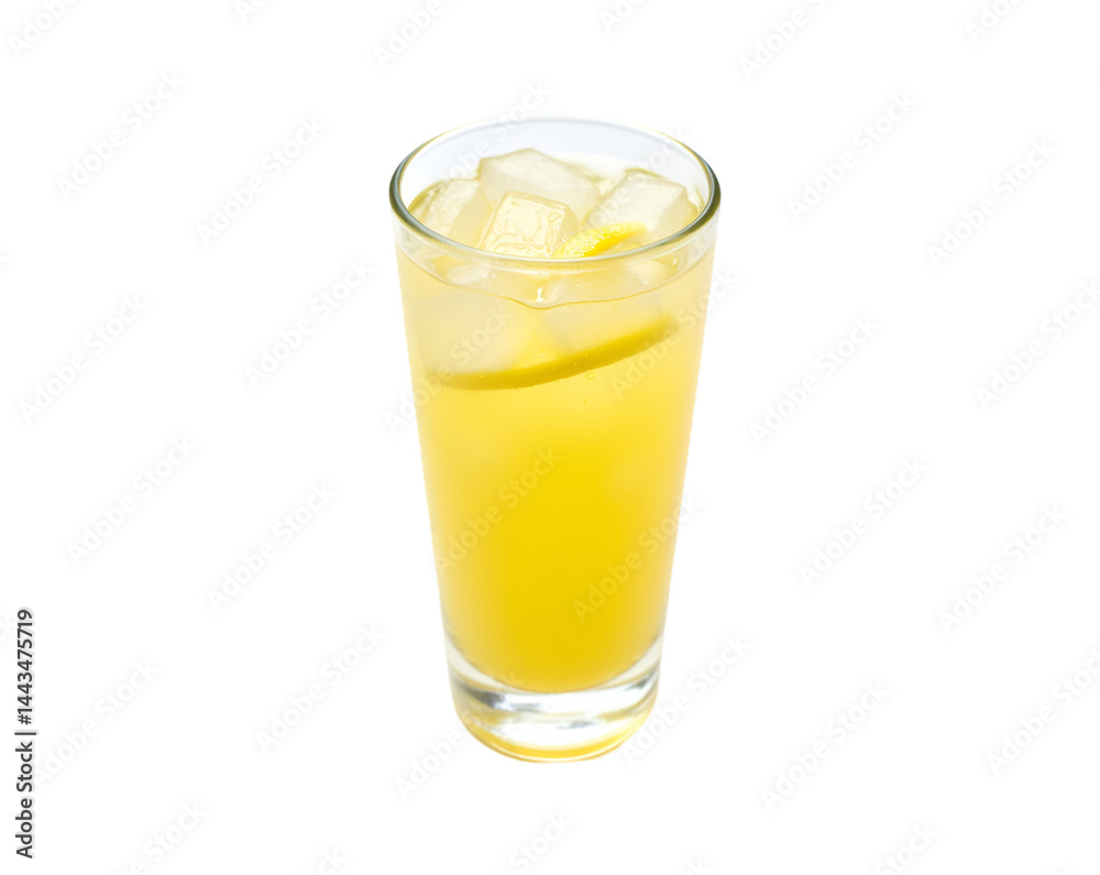 Refreshing summer drink, A top-down view of a tall glass filled with a vibrant yellow beverage, ice cubes, and a lemon slice, perfect for a hot day advertisement Refreshing summer drink, A top-down view of a tall glass filled with a vibrant yellow beverage, ice cubes, and a lemon slice, perfect for a hot day advertisement