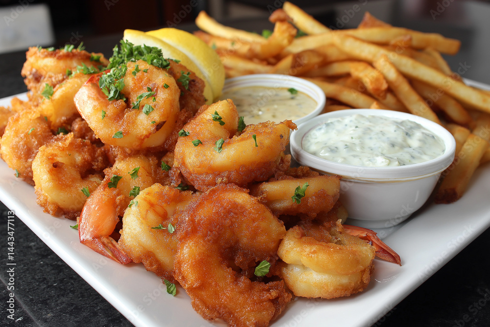 fried shrimp platter with fries and tarter sauce from a pub
fried shrimp platter with fries and tarter sauce from a pub