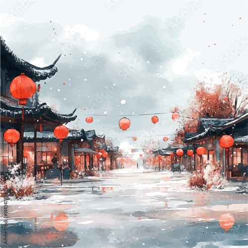 Snowy Street With Glowing Lanterns, vector watercolor illustration, isolated on a white background.