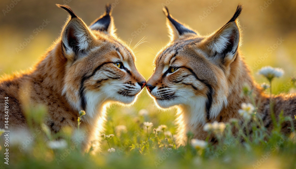 Fototapeta premium Two lynxes engage in a gentle greeting in a sunlit meadow during golden hour
