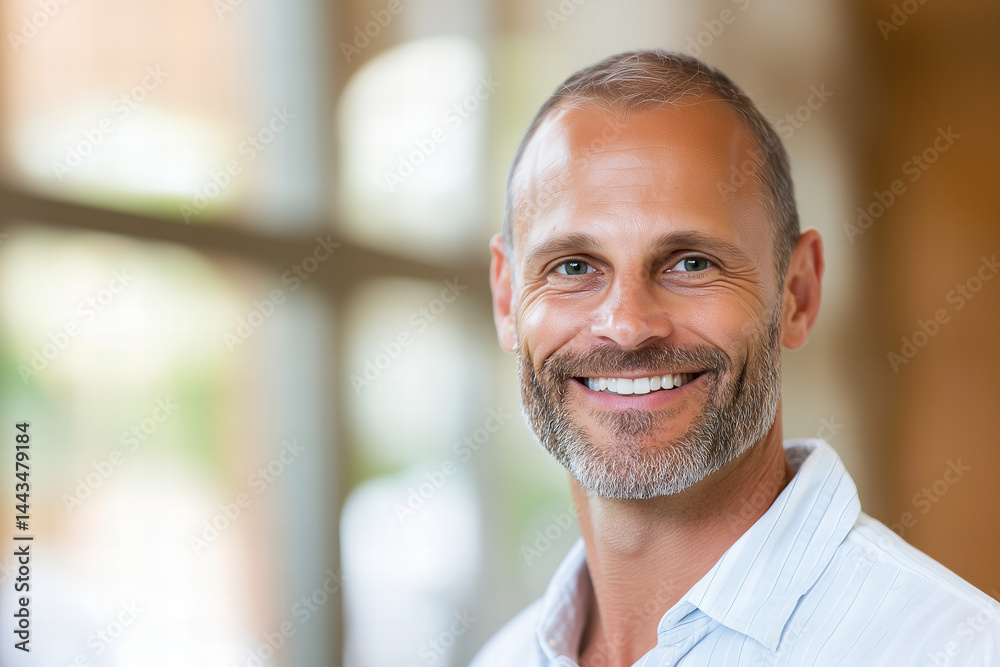 Close Up Portrait of a Smiling Middle Aged Man with a Beard in a Brightly Lit Room Close Up Portrait of a Smiling Middle Aged Man with a Beard in a Brightly Lit Room