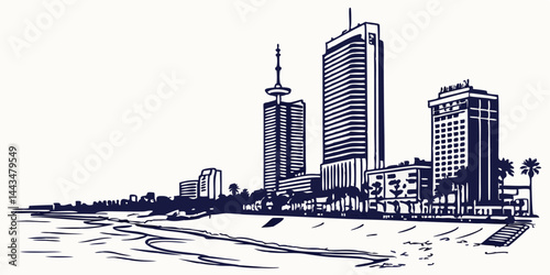 Tel Aviv skyline vector silhouette including Azrieli Towers, Shalom Meir Tower, and beachfront architecture.