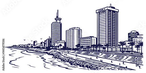 Tel Aviv skyline vector silhouette including Azrieli Towers, Shalom Meir Tower, and beachfront architecture.