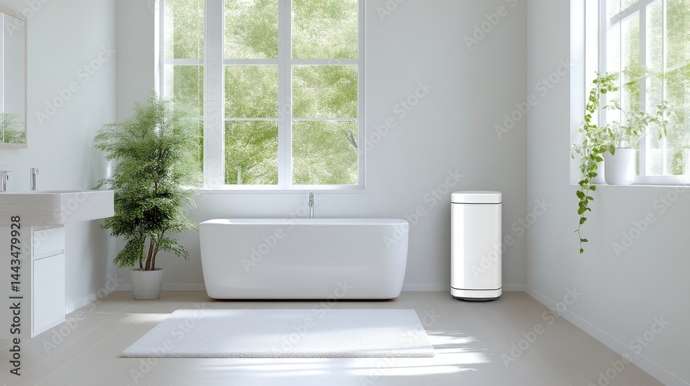 Fototapeta premium Modern white bathtub and cylindrical air purifier in a bright minimalist bathroom with large window.