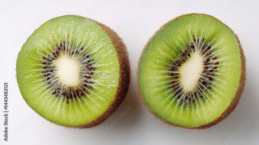 Fototapeta premium Freshly Cut Kiwi Fruit Halves with Green Flesh and Seeds
