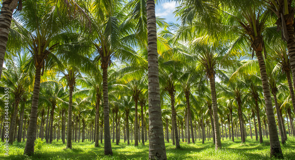 Obraz premium Lush Green Palm Tree Forest With Blue Sky and Sunlight Filtering Through Leaves in a Tropical Environment