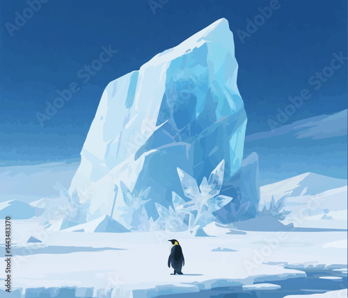 Emperor Penguin on Frozen Ice with Giant Snowflake