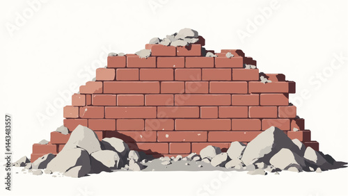 Ruined brick wall isolated on white background. Broken brick wall. Crumbling brick wall. Vector illustration.