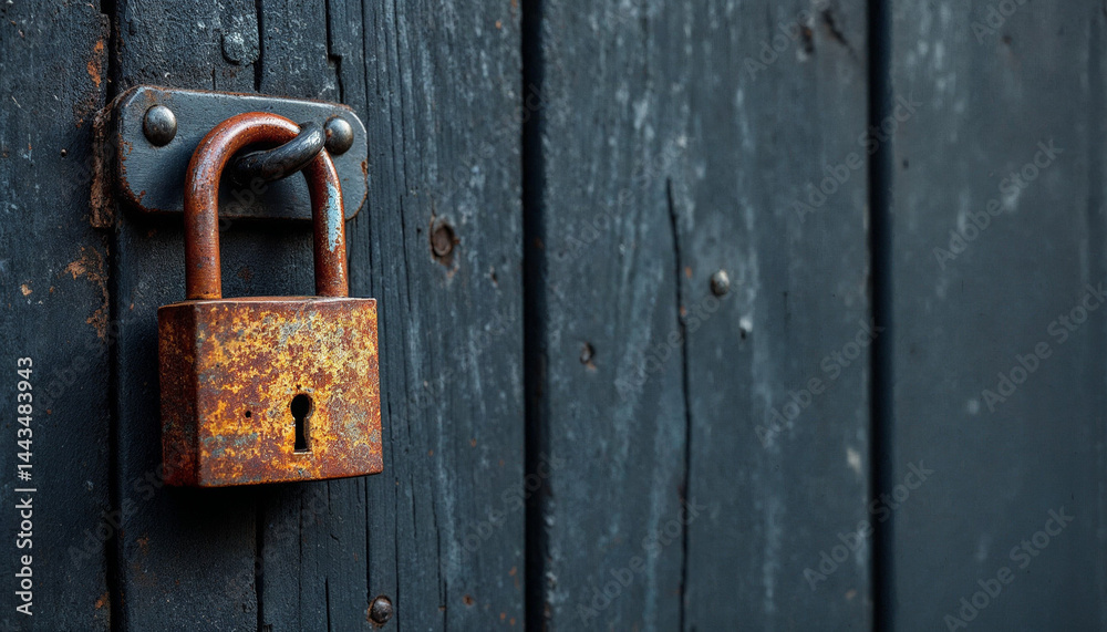 Weathered gray wooden door with rusty padlock, soft lighting highlighting textures.
Weathered gray wooden door with rusty padlock, soft lighting highlighting textures.