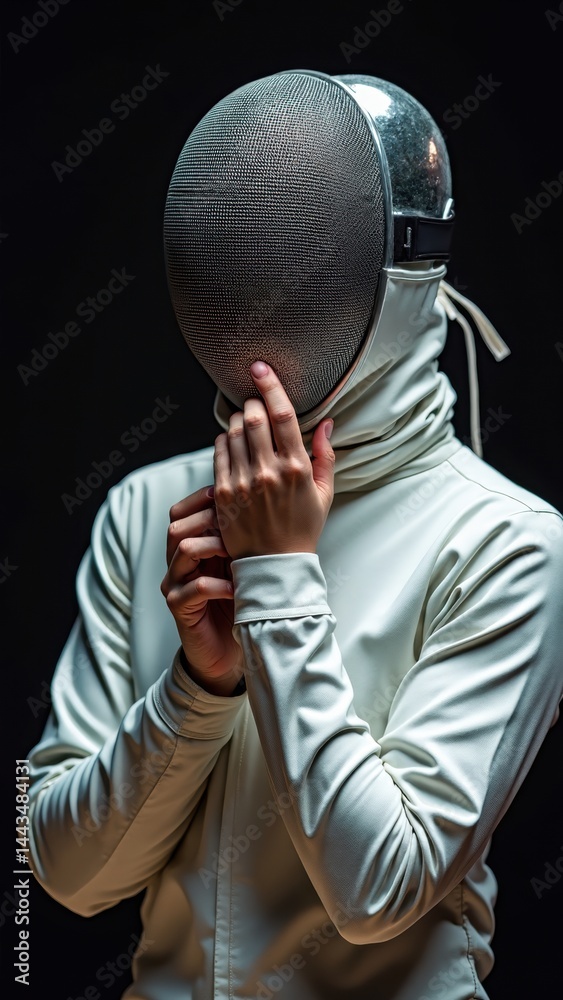 Man wearing a white jacket and a mask. The man is holding his hands in front of his face
