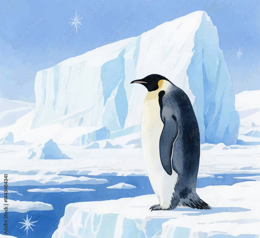 Obraz premium Emperor Penguin on Frozen Ice with Giant Snowflake