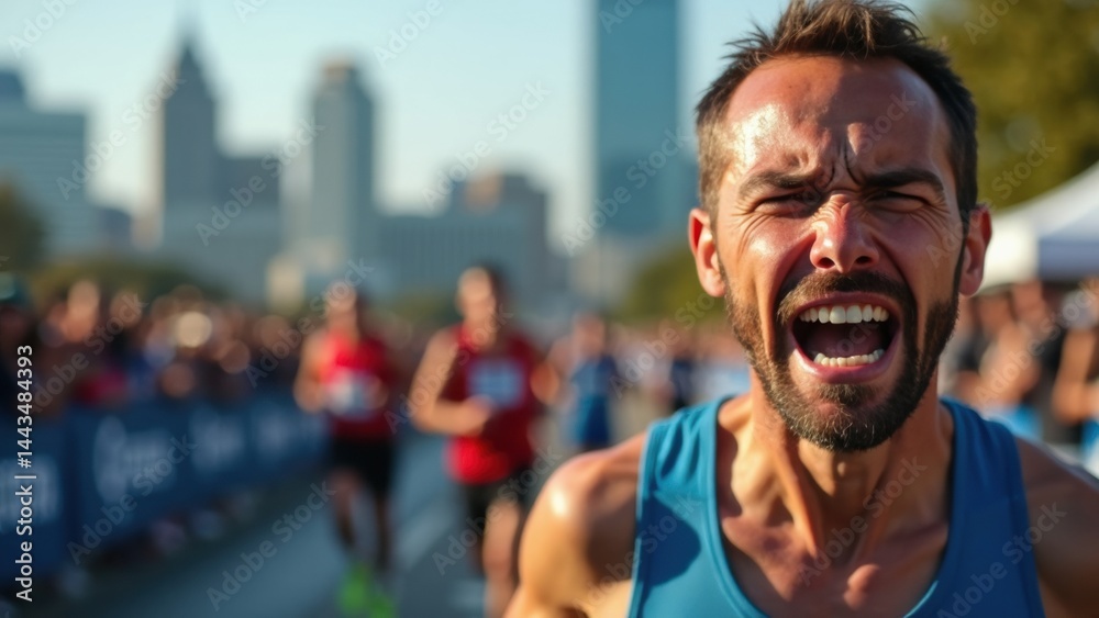 Man is running a race and is very angry. He is wearing a blue shirt and has a beard