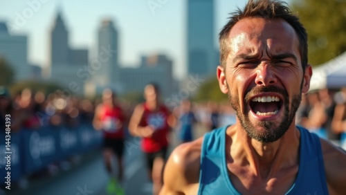 Obraz na płótnie Man is running a race and is very angry. He is wearing a blue shirt and has a beard w salonie