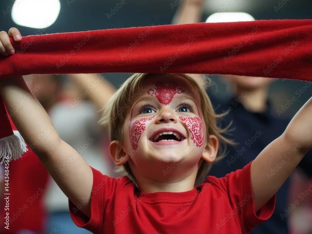 A close-up of a child holding a team scarf, their face painted with the team's logo, their wide eyes reflecting the stadium lights