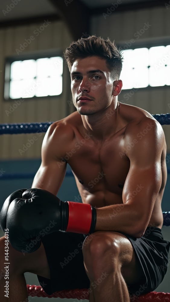 Man sits in a boxing ring with his hands on his knees. He is wearing a black glove and a red glove