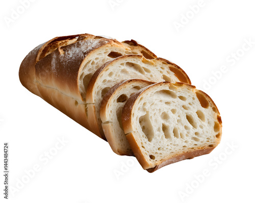 Slices of crusty baguette present a delectable loaf with a golden-brown hue against a neutral backdrop providing a fresh and inviting food photography moment
