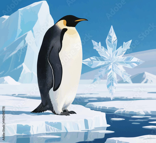 Emperor Penguin on Frozen Ice with Giant Snowflake