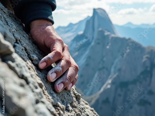 Obraz na płótnie Person's hand is on a rock with a mountain in the background. Concept of adventure and exploration, as the person is climbing a mountain w salonie