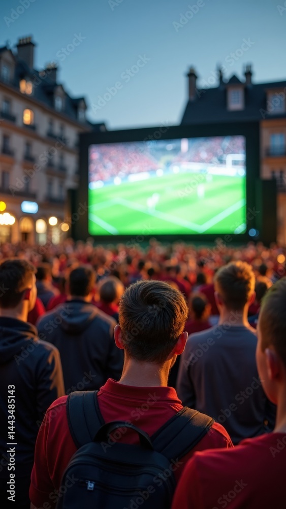 Group of people are watching a soccer game on a large screen. The crowd is packed in and the atmosphere is lively