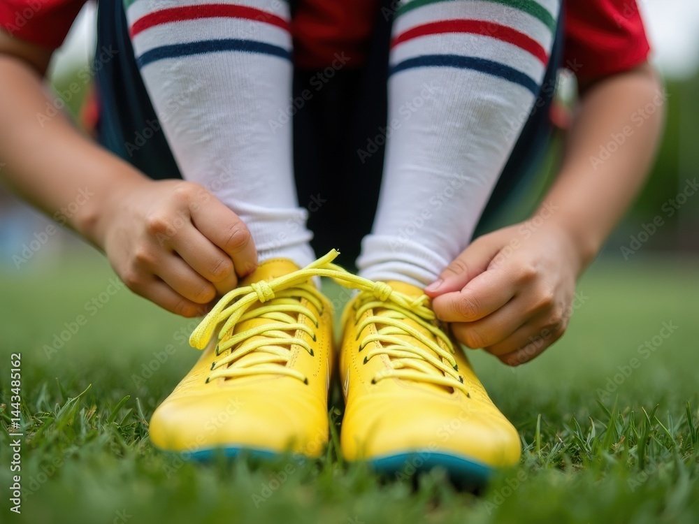 A close-up of a child's hands tying their cleats before a backyard soccer game, their face painted with their favorite team's colors