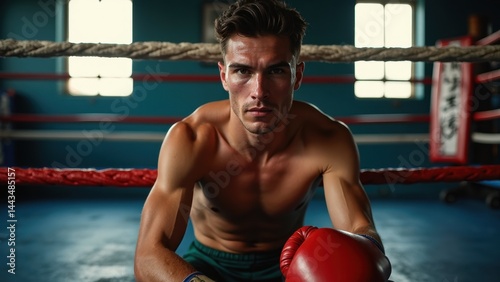Man in a boxing ring with his hands on his knees. He is wearing a red glove